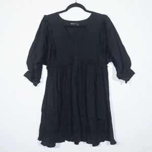 ASOS‎ Design Black Peasant Ruffle Front Babydoll Dress Size 4
